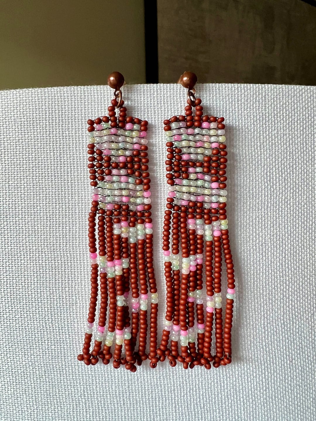 Beaded Hearts Fringe Earrings Pink Brown Seed Bead Long Earrings