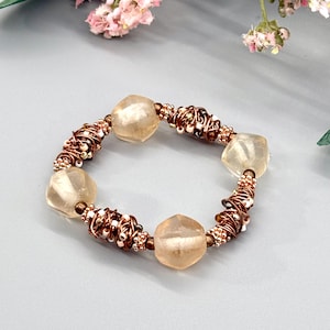 Champagne Recycled Java Glass Stretch Bracelet, Chunky Antiqued Copper Wire Wrapped Artisan Jewelry, Unique Beaded Earthy Gift for Her