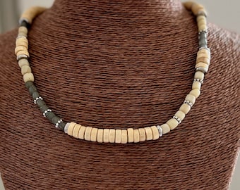 Ethnic tribal style necklace grey cream recycled Java glass beads silver gray embellishments, beige organic earthy wood disc jewelry gift