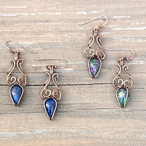 Wire Wrapped Ornate Antique Copper Gemstone Dangle Earrings, Blue or Green Stone Drop Jewelry, Unique Vintage Artisan Boho Gift