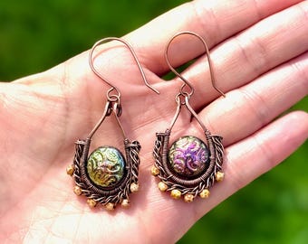 Braided teardrop copper earrings woven wrap with Czech glass magenta green, or amethyst coin bead intricate handmade jewelry gift for woman