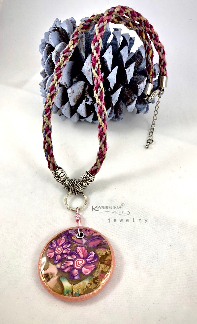polymer clay resin floral pendant necklace boho,kumihimo necklace polymer flower jewelry,clay jewelry pink flower pendant