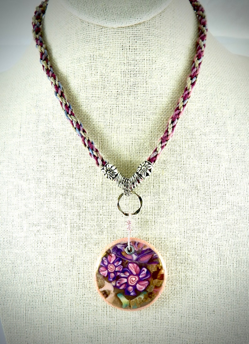 polymer clay resin floral pendant necklace boho,kumihimo necklace polymer flower jewelry,clay jewelry pink flower pendant