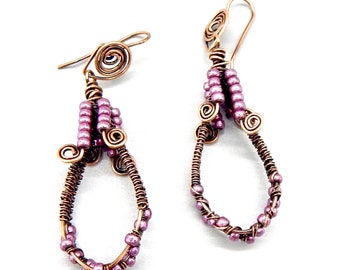 Woven antique copper beaded earrings, wrap teardrop spiral hoops ear hooks,  purple bronze glass beads intricate unique jewelry gift for her