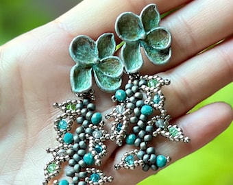 Beaded woven romantic leaf vine floral tassel earrings on verdigris flower ear studs green patina bead fringe dangle crystals jewelry gift