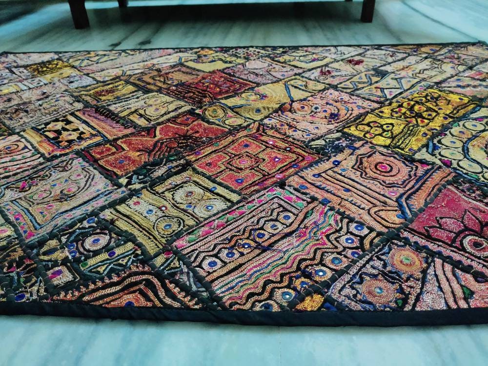 Vintage Antique Ethnic Pakistan Mirror Metallic Zari Work Handembroidered Floor Rug/wall Hanging