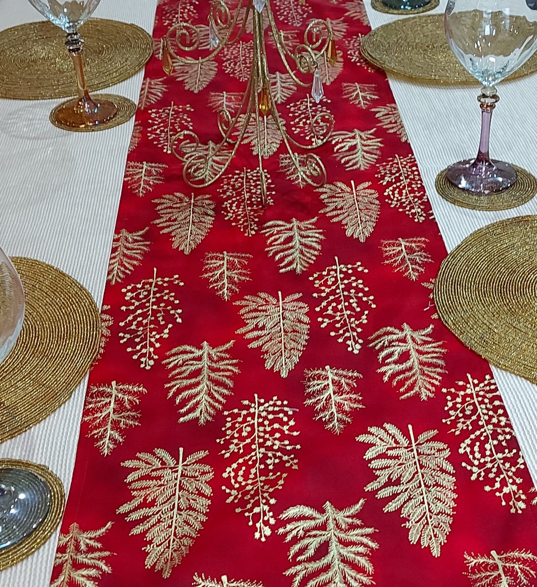 Christmas Table Runner, Red Christmas Table Runner, Home Decor, Festive Red and Gold Tree Design