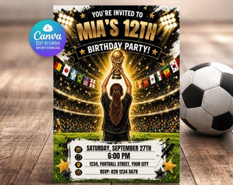 Mädchen Fußball Geburtstagseinladung bearbeitbare Canva Vorlage | Fußball WM Party einladen | Personalisierte Name & Alter | Sofort Download