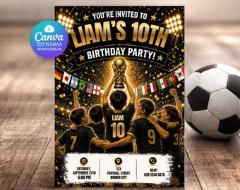 Einladung zum Geburtstag Einladungskarte zum Geburtstag Fußball-Party einladen | Bearbeitbare Canva Vorlage | Kinder-Geburtstags-Einladung