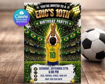 Brazil Birthday Invitation Editable Canva Template | Football Soccer World Cup Party Invite | Personalised Name Age | Digital Download