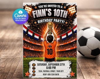 Netherlands Birthday Invitation Editable Canva Template | Football Soccer World Cup Party Invite | Personalised Name Age | Digital Download