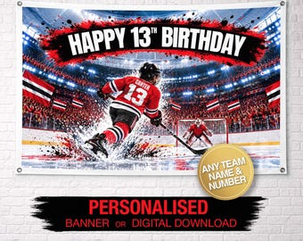 Banner de aniversário personalizado para fãs de hóquei | Banner de aniversário do Chicago Blackhawks | Banner de aniversário personalizado | Banner com nome personalizado | Aniversário dos Hawks