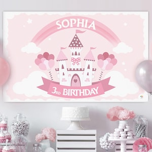 Prinses kasteel achtergrond, prinses verjaardag achtergrond, prinses kasteel feestbanner, gepersonaliseerde verjaardagsbanner, feestbanner, vinylbanner