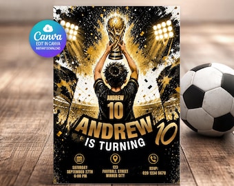 Einladungskarte zum Geburtstag Fußball-Party einladen | Bearbeitbare Canva Vorlage | Kindergeburtstagseinladung | Fußball-Geburtstags-Einladung