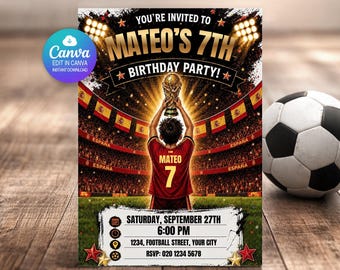 Convite de Aniversário da Espanha - Modelo Editável no Canva | Convite para Festa da Copa do Mundo de Futebol | Nome e Idade Personalizados | Download Digital