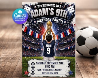 France Birthday Invitation Editable Canva Template | Football Soccer World Cup Party Invite Boys | Personalised Name Age | Digital Download