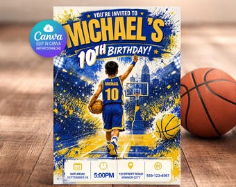 Basketball Golden State Krieger-Geburtstagseinladung | Geburtstagseinladung Vorlage | Bearbeitbare Canva Vorlage | Kinder-Geburtstags-Einladung