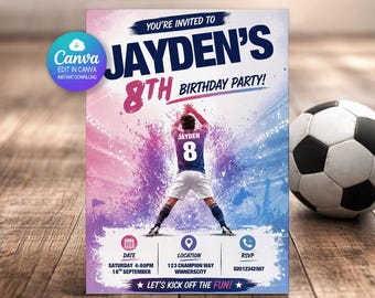 Fußball-Geburtstagseinladung bearbeitbare Canva-Vorlage | Fußballparty einladen Jungen | Personalisierter Name Alter | Sofortiger digitaler Download