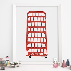 London Bus Illustration, Red Bus Illustration, Childrens Illustration, Double deck bus Illustration, Childrens wall decor, Kids room, Poster