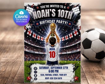 England Birthday Invitation Editable Canva Template | Football Soccer World Cup Party Invite Boys | Personalised Name Age | Digital Invite
