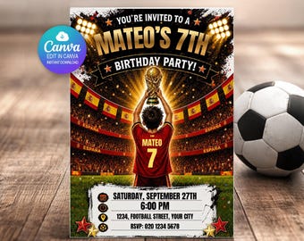 Spain Birthday Invitation Editable Canva Template | Football Soccer World Cup Party Invite | Personalised Name Age | Digital Download