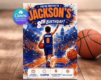 Basketball-Einladung | Geburtstagseinladung Vorlage | Bearbeitbare Canva Vorlage | Kindergeburtstagseinladung | Basketball-Party