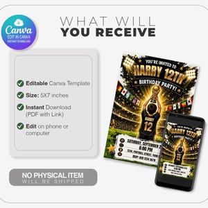 Puede incluir: Una plantilla de invitaci&oacute;n de cumplea&ntilde;os digital de 12,7 x 17,8 cm con tem&aacute;tica de f&uacute;tbol, que muestra a un jugador sosteniendo un trofeo en un estadio. El texto dice: You're invited to Harry 12th Birthday Party, Saturday, September 27th, 6:00 PM, 1234 Football Street, Your City, RSVP: 020 1234 5678.