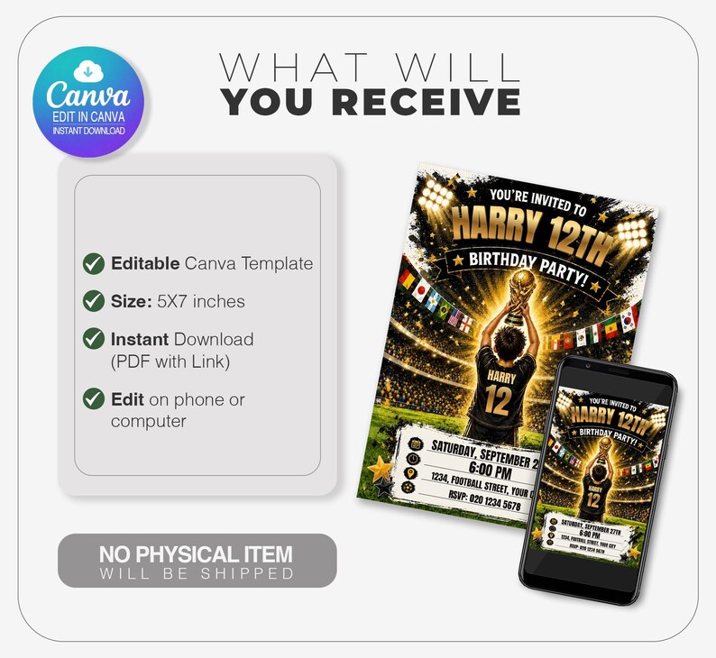 Puede incluir: Una plantilla de invitaci&oacute;n de cumplea&ntilde;os digital de 12,7 x 17,8 cm con tem&aacute;tica de f&uacute;tbol, que muestra a un jugador sosteniendo un trofeo en un estadio. El texto dice: You're invited to Harry 12th Birthday Party, Saturday, September 27th, 6:00 PM, 1234 Football Street, Your City, RSVP: 020 1234 5678.