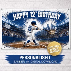 May include: A rectangular banner featuring a baseball player in a white and blue uniform swinging a bat at a stadium. The text reads HAPPY 12TH BIRTHDAY, JACOB 12, and ANY TEAM NAME & NUMBER. The background shows a crowd and city skyline.