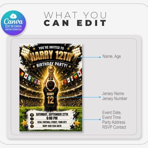Puede incluir: Una plantilla de invitaci&oacute;n digital para fiesta de cumplea&ntilde;os con un estadio de f&uacute;tbol y un jugador sosteniendo un trofeo. El texto incluye YOU'RE INVITED TO HARRY 12TH BIRTHDAY PARTY, SATURDAY, SEPTEMBER 27TH, 6:00 PM, 1234, FOOTBALL STREET, YOUR CITY, RSVP: 020 1234 5678.