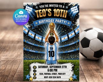 Argentina Birthday Invitation Editable Canva Template | Football Soccer World Cup Party Invite | Personalised Name Age | Digital Download