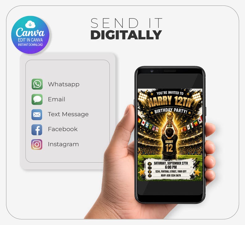 Puede incluir: Un tel&eacute;fono inteligente que muestra una invitaci&oacute;n digital de cumplea&ntilde;os con tem&aacute;tica de f&uacute;tbol para el 12&ordm; cumplea&ntilde;os de Harry. La invitaci&oacute;n presenta a un jugador sosteniendo un trofeo en un estadio, con detalles para el s&aacute;bado 27 de septiembre.