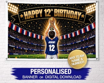 Faixa de aniversário personalizada da França | Faixa de aniversário de futebol | Faixa de aniversário personalizada | Faixa com nome personalizado | Painel de fundo para aniversário