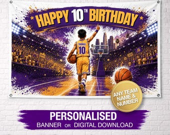 Personalisierte Basketball Geburtstagsbanner | Lakers Geburtstagsbanner | Benutzerdefinierte Geburtstagsbanner | Benutzerdefinierte Name Banner | Lakers Geburtstag Kulisse