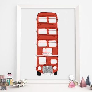 Ilustración de autobús de Londres, ilustración de autobús rojo, ilustración infantil, ilustración de autobús de dos pisos, decoración de pared infantil, habitación infantil, póster