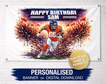 Denver Broncos Birthday Banner | Personalised Football Birthday Banner, Custom Name & Number Football Banner, Party Decoration, Broncos Sign