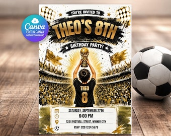 Einladungskarte zum Geburtstag Fußball-Party einladen | Bearbeitbare Canva Vorlage | Kindergeburtstagseinladung | Fußball-Geburtstags-Einladung