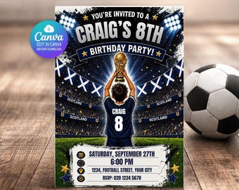 Scotland Birthday Invitation Editable Canva Template | Football Soccer World Cup Party Invite | Personalised Name Age | Digital Download