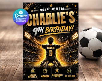 Fußball-Geburtstagseinladung bearbeitbare Canva-Vorlage | Fußball WM Party Einladen Jungen | Personalisierter Name Alter | Sofortiger digitaler Download