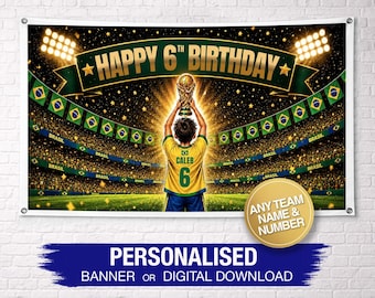 Banner de aniversário personalizado do Brasil | Banner de aniversário de futebol | Banner de aniversário personalizado | Banner com nome personalizado | Painel de fundo de aniversário | Placa do Brasil