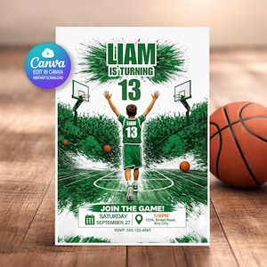 May include: Birthday invitation with a basketball theme. The invitation features the text "Liam is turning 13" and event details. A young person in a green jersey is depicted on a basketball court. A basketball is on the right.