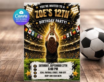 Football Birthday Invitation | Soccer Birthday Invitation | Birthday Invitation Template, Girls Birthday Invitation, Editable Canva Template