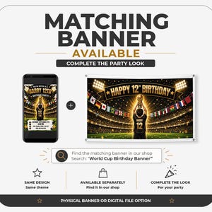 Puede incluir: Una invitaci&oacute;n digital en la pantalla de un tel&eacute;fono inteligente y un cartel de fiesta rectangular con un dise&ntilde;o de f&uacute;tbol. Ambos art&iacute;culos muestran a un ni&ntilde;o con camiseta sosteniendo un trofeo en un estadio con el texto "HAPPY 12TH BIRTHDAY".