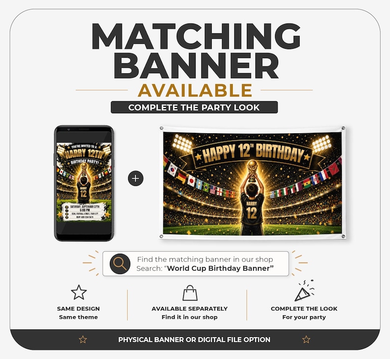 Puede incluir: Una invitaci&oacute;n digital en la pantalla de un tel&eacute;fono inteligente y un cartel de fiesta rectangular con un dise&ntilde;o de f&uacute;tbol. Ambos art&iacute;culos muestran a un ni&ntilde;o con camiseta sosteniendo un trofeo en un estadio con el texto "HAPPY 12TH BIRTHDAY".