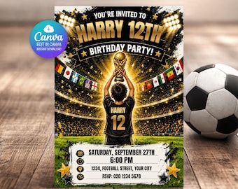 Football Birthday Invitation Editable Canva Template | Soccer World Cup Party Invite Boys | Personalised Name Age | Digital Download Instant