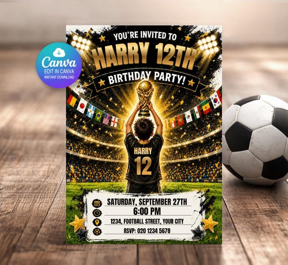 Football Birthday Invitation Editable Canva Template | Soccer World Cup Party Invite Boys | Personalised Name Age | Digital Download Instant