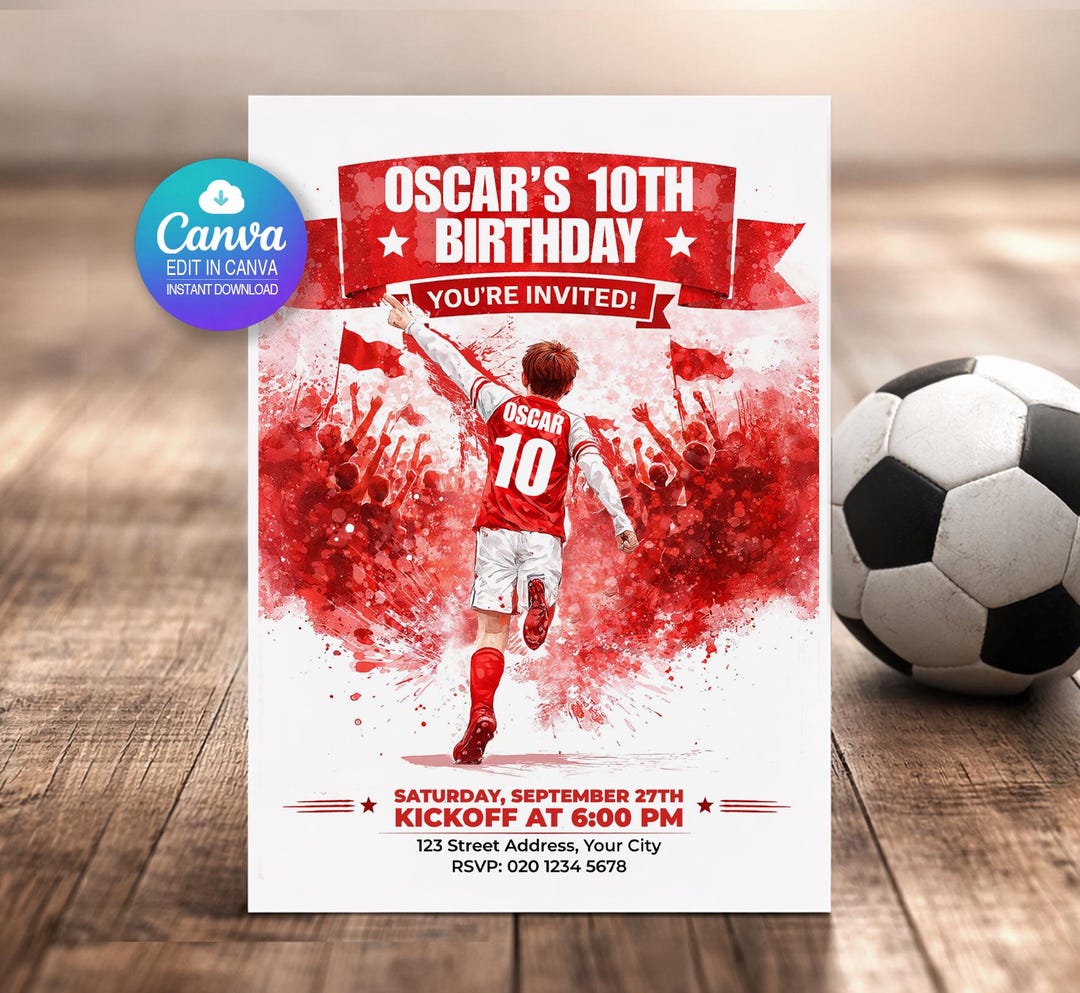 Football Birthday Invitation Template, Arsenal Party Invite, Editable ...