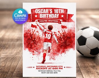 Plantilla de invitación de cumpleaños de fútbol, invitación para fiesta del Arsenal, invitación de cumpleaños para niño editable, fiesta infantil, descarga digital personalizada