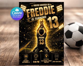 Fußball-Geburtstagseinladung bearbeitbare Canva-Vorlage | Fußball WM Party Einladen Jungen | Personalisierter Name Alter | Sofortiger digitaler Download