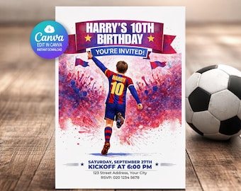Plantilla editable de Canva para invitación de cumpleaños de fútbol, invitación para fiesta de fútbol del Barcelona, invitación de cumpleaños infantil, descarga digital, invitación para niños